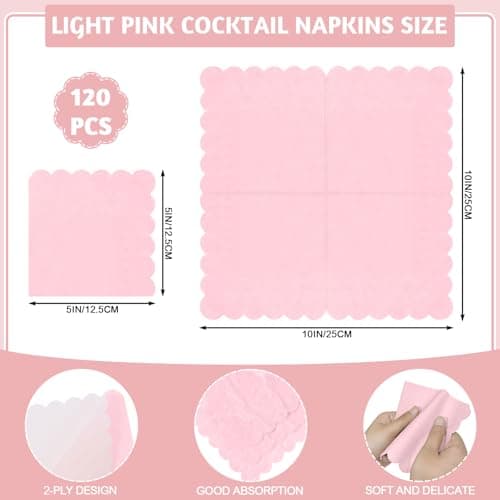 NatNarr 120 Pcs Cocktail Napkins Pink Mothers Day Paper Napkins Light Pink Dessert Beverage Napkin Cute Scalloped Party Napkin for Baby Bridal Shower, Birthday, 5 x 5 Inch - Thumbnail 2
