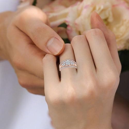 Vinoya 925 Sterling Silver Wedding Rings for Women Cubic Zirconia Rose Gold Plated Rings Three-in-One Engagement Promise Eternity Bands for Bridal Stackable Ring Size 6 - Thumbnail 4