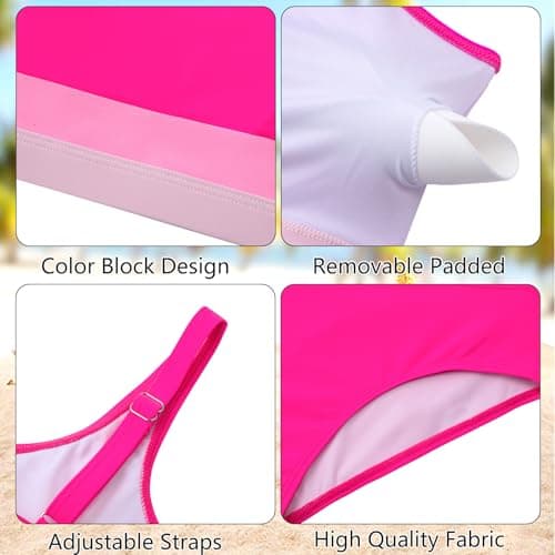 Alakuoti Girls Swimsuit Color Block Adjustable Straps Bikini Sets Teen Girl Two Piece Bathing Suits with Chest Pad Size 16 Rose Red - Thumbnail 5