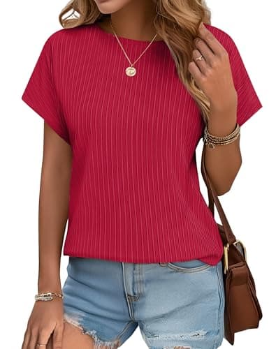 JUSTFASHIONNOW Womens Short Sleeve Blouses Business Casual Tops Crew Neck Basic Tees Textured Work Shirts Cute Office Outfits (Red,L) - Thumbnail 2
