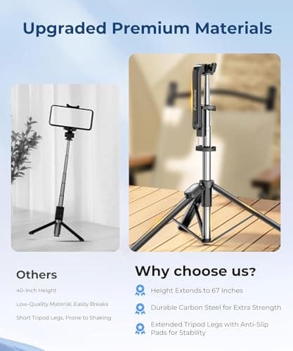 Fuloview 67” Selfie Stick Tripod for iPhone, Lightweight Travel Phone Tripod with Wireless Remote, Extendable Cell Phone Stand for Photography, Video & Live Streaming – Black - Thumbnail 6