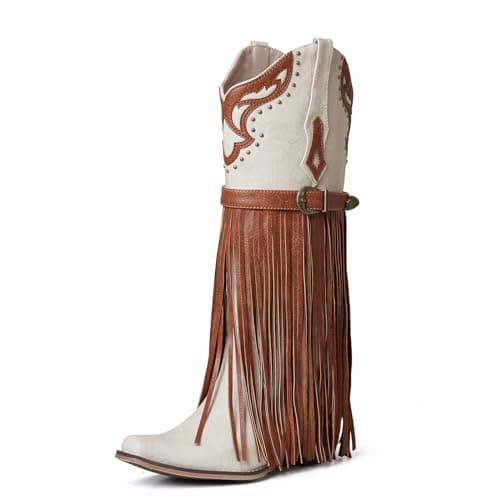 SaraIris Women's White Cowboy Boots Fringe Boots Knee High Cowgirl Boots Chunky Heel Western Boots Buckle Strap Fashion Pointed Toe Pull On Tassel Boots for Women Size 7.5 - Image 1