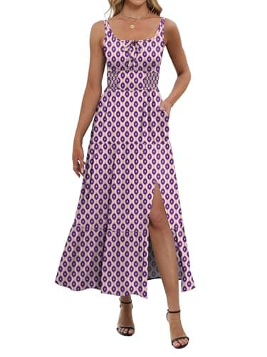 ANRABESS Women Summer Casual Floral Printed Square Neck Sleeveless Straps Elastic Waist Slit Beach Vacation Maxi Dress Floral Purple X-Large