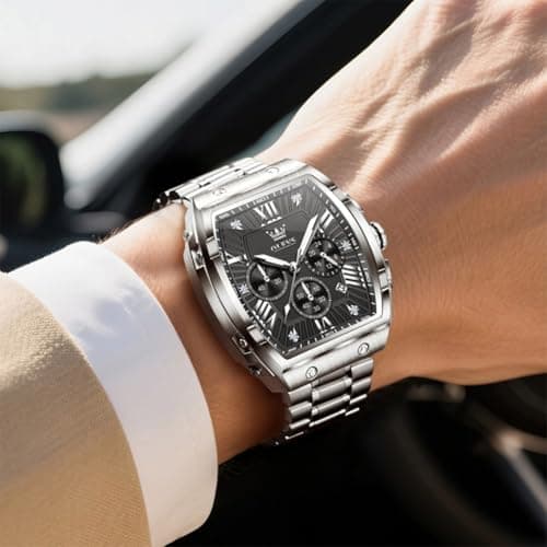 OLEVS Watch Men Luxury Black Big Face Square Silver Stainless Steel Chronograph Waterproof Mens Watches Tonneau Luminous Quartz Work Analog Dress Wrist Watches for Men Relojes para Hombres - Thumbnail 3