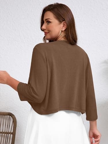 AusLook Plus Size Women Bolero Shrugs 3/4 Sleeve Coffee 3X Open Front Knit Lightweight Coat Cropped Tops Shawls and Wraps Cardigan Dressy Sweater Clothes - Thumbnail 2