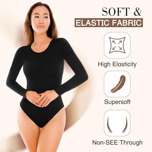 Walifrey Crew Neck Long Sleeve Bodysuit for Women Soft Stretchy Basic Shirts Bodysuits Tops Black XL - Thumbnail 4