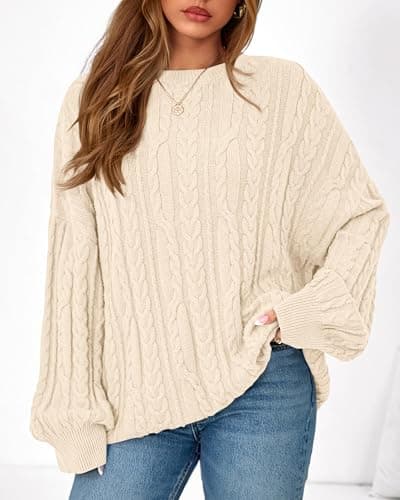 KIRUNDO Oversized Chunky Cable Knit Sweater Women 2026 Fall Fashion Cozy Long Sleeve Crewneck Pullover Winter Clothing(Cream, Medium) - Thumbnail 3