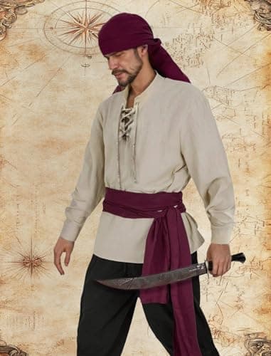 Verceco Mens Pirate Costume Outfit Renaissance Costume Men Medieval Outfit With Pirate Pants Shirts Sash Accessories (khaki, XXX-Large) - Thumbnail 2
