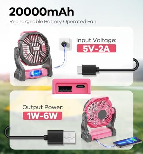 DOWILLDO 20000mAh Portable Battery Powered Camping Fan - with LED Light, Quiet Battery Operated, Camping Gear for Travel, Tent, Beach, Car or Hurricane Power Outages, Pink - Thumbnail 3