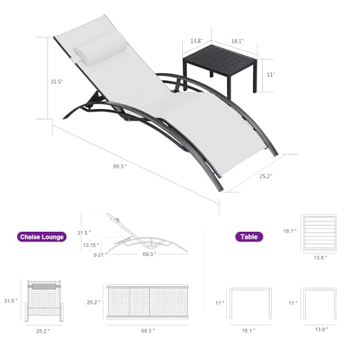 PURPLE LEAF Patio Chaise Lounge Chair Set with 2 Side Table Outdoor Pool Adjustable Recliner Chairs for Outside Beach Poolside Sunbathing Tanning Lounger - Thumbnail 3