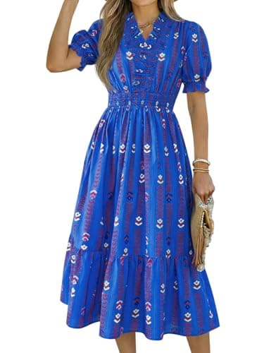 Wenrine Womens Summer Midi Dresses Casual Floral Short Puff Sleeve Ruffle V Neck Smocked Boho Beach Dress Blue - Image 1