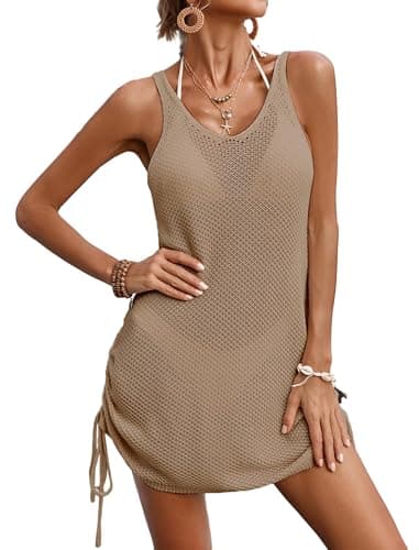 BreathSunny Womens Crochet Open Knit Loose Fit Swimsuit Coverup Summer 2026 Sexy Backless V Neck Double Drawstring Sleeveless Swimwear Beach Swim Bathing Suit Cover Up Mini Dress Khaki L - Image 1