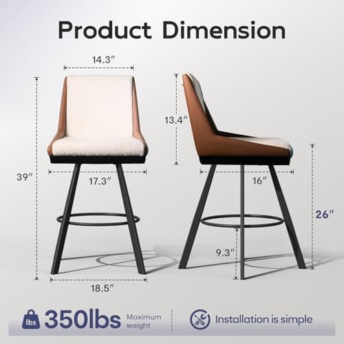 Ollega Bar Stools Set of 4, 26" Counter Height Bar Stools, Upholstered Swivel Barstools with Backs, Loop Yarn Fabric&Pu Leather, Metal Legs for Kitchen Island, Beige&Brown - Thumbnail 2