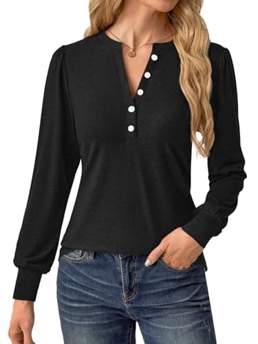 GKBK Women's Puff Long Sleeve Tunic V Neck Button Blouses Fall Tops Trendy Dressy Casual Business Henley Shirts Black XXL - Thumbnail 4