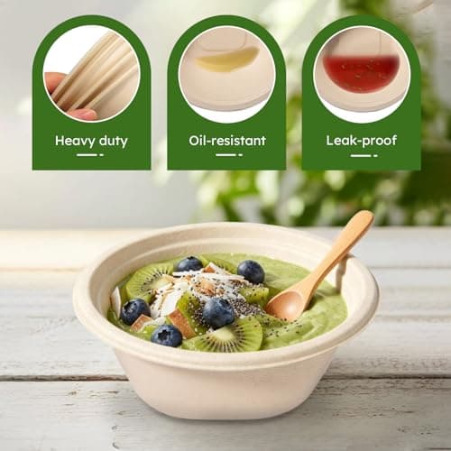 JYTIDYRA Paper Bowls, 32 Oz Disposable Bowls [100 Pack] Heavy Duty Compostable Deep Disposable Soup Bowls, Eco-friendly Biodegradable Bagasse Hot Cold Microwavable Bowls for Salad, Cereals, Dessert - Thumbnail 3