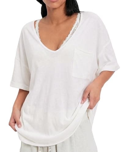 Gnveub V Neck T Shirts for Women Casual Summer Basic Tops Solid Color Loose Fit Outfits with Pocket(White,XL)