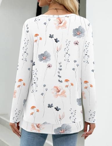 JUSTFASHIONNOW Womens Long Sleeve Tunic Tops to Wear with Leggings Crew Neck Side Split Layering Shirts Loose Fit Long Tops Floral White - Thumbnail 5