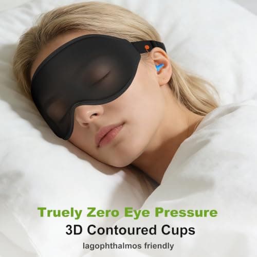 3D Contoured Sleep Mask with Earplug Retainer Cord,100% Pressure-Free & Total Light Blocking Eye Mask with Adjustable Strap. Ideal for Sleep Earplug User, Airplane Travel, Meditation Black - Thumbnail 6