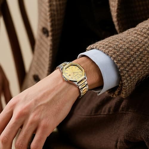KNISKRED Business Watch for Men with Luminous Scale and Solid Stainless Steel Band Mens Calendar Watch (Silver Gold) - Thumbnail 4