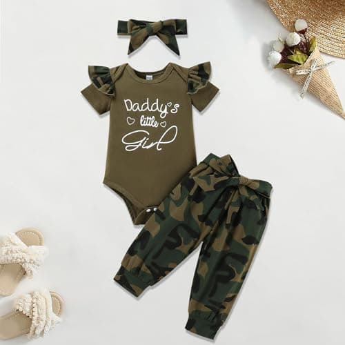 FAMIHAO Baby Girl Clothes Set Daddys Little Girl Printed Ruffle Top Camouflage Pants Newborn Infant Girl Clothing Outfit,12-18M DAG - Thumbnail 2