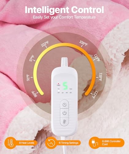 SIHOHAN Heated Throw Blanket Wearable Blanket Throw with Foot Pockets, Sleeves Flannel & Sherpa Wearable Blanket 8 Heating Levels & Timer Snuggle Blankets for Home Office-Electric Blanket 50*60" Pink - Thumbnail 3