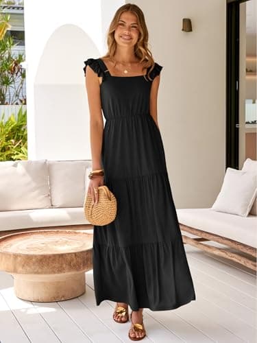Prinbara Womens Maxi Dress Summer Casual Sleeveless Square Neck Flowy Ruffle Backless Beach 2026 Vacation Boho Long Sundress Black Large - Thumbnail 6