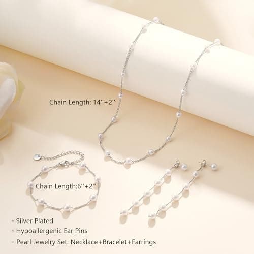 Fezodo Silver Jewelry Set for Women, Silver Pearl Necklace and Earring Set With Pearl Earrings Bracelet Wedding Jewelry Sets for Bride, Bridal Prom Pearls Jewelry - Thumbnail 6