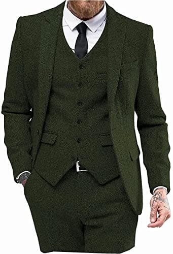 Mens Tweed Herringbone Wedding Suit Prom Tuxedos 3 Piece Peak Lapel Dress(Army Green,4XL) - Image 1