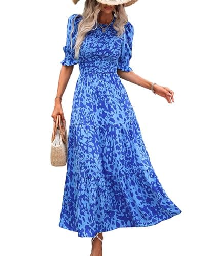 BTFBM Women Casual Summer Dresses 2026 Spring Crew Neck Ruffle Short Sleeve Smocked Floral Boho Flowy Maxi Dress Clothes(Print Blue, Small) - Image 1