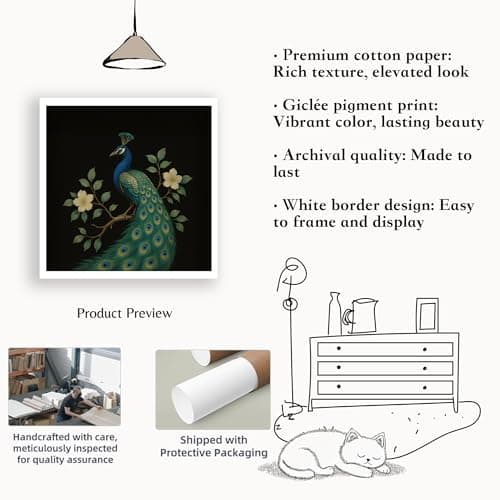 Peacock Wall Art, Botanical Bird Art Print, Dark Decor, 12x12in (30x30cm) - Thumbnail 2