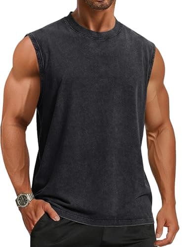 Tank Tops Men Summer Sleeveless Shirts Loose Fit Workout Tops Acid Wash Cotton Tshirts, Plain Black, L