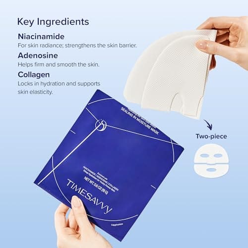 TIMESAVVY Sealing-in-Moisture Mask | No-Slip, No-Drip, No-Mess 15-Minute Triple-Layer Sheet Mask | Niacinamide, Adenosine &Collagen for Hydration,Firming & Glowing Skin | (18gx5ea) - Thumbnail 4