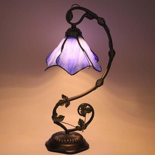 FILIUTF Stained Glass Table Lamp, Blue Flower Style Metal Leaf Base Desk Reading Light, Adjustable 3 Color Temperature Decor for Bedroom Home Office - Thumbnail 3