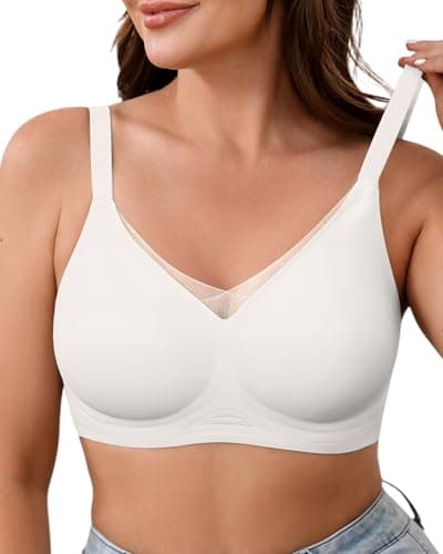 ZEBELL M-5XL Wireless Bras for Women No Underwire, Plus Size V Lace Comfortable Bralette with Support, Full Coverage T-Shirt Bra White - Image 1