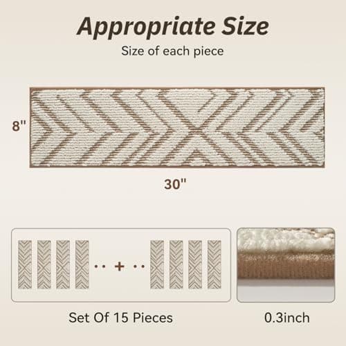 PADOOR Stair Treads Non Slip 15 PCS, 3D Peel and Stick Stair Treads for Wooden Steps Indoor, Residue-Free Adhesive Stair Runner for Kids, Elders & Pets, Washable Carpet for Stairs,8"x30",Brown - Thumbnail 2
