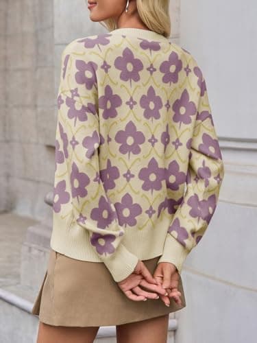 Saodimallsu Womens Flower Pattern Cardigan Lavender Sweaters Soft Long Sleeve Cardigans Vintage Button Knit Outwear 2025 - Thumbnail 6
