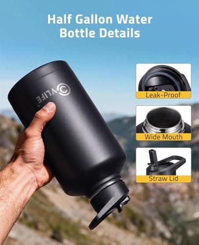CVLIFE Half Gallon Water Bottle with Straw, 64 oz Insulated Stainless Steel Water Jug, Battle Sports Bottle with Bottle Pouch, Durable Handle, Removable Sleeve for Gym, Hiking, Camping (Black 2 Liter) - Thumbnail 4