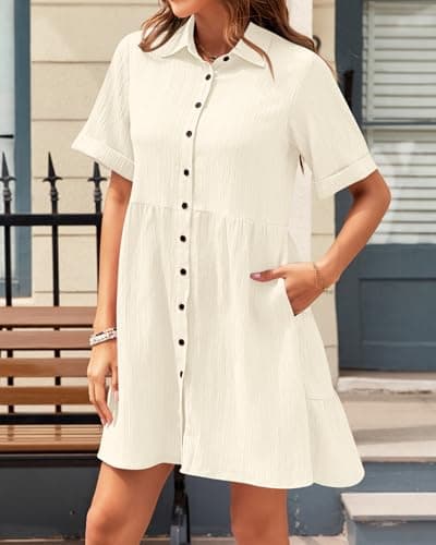 PYGFEMR Women's Summer Dress 2026 Short Sleeve Babydoll Tiered Button Down T Shirts Dresses with Pockets, Light Apricot M - Thumbnail 3