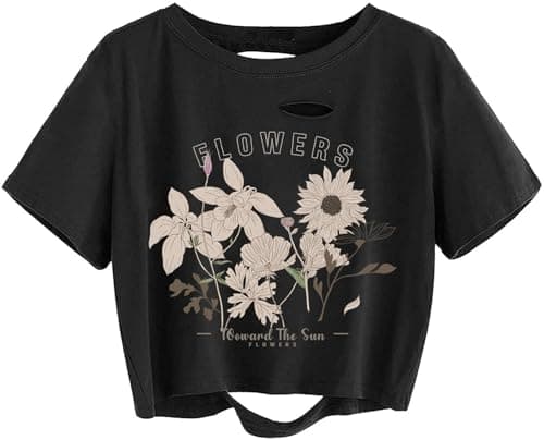 Avanova Women Crop Top Distressed Loose Oversized Short Sleeve Ripped Tee Shirt Black Floral-G X-Large - Image 1