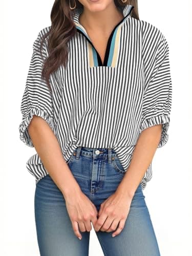 Tankaneo Womens V Neck Striped Blouse Oversized Dolman Sleeve Tops Summer Casual Loose Fit Polo Shirts Black - Image 1