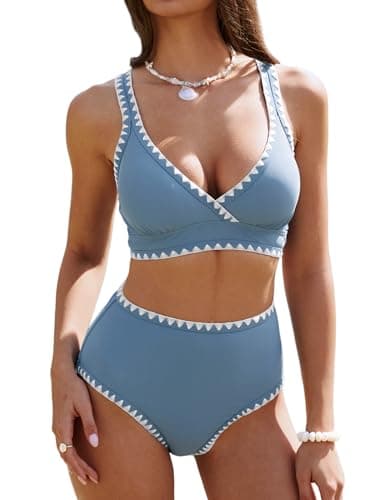 ZAFUL Womens High Waisted Bikini Sets Whip Stitch Wide Strap 2 Piece Swimsuits Crisscross Tie Back Bathing Suit 2026 Haze Blue Medium - Image 1