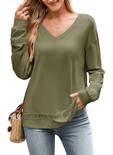 Dokotoo Women's Long Sleeve V-Neck Blouses Plus Size Shirts Dressy Casual Solid Embroidered Spring Tops Fashion Womens Clothes Green Medium - Image 1