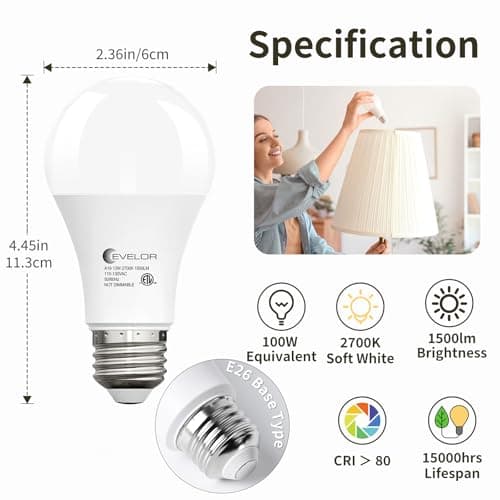 evelor 24-Packs A19 LED Light Bulbs,100 Watt Equivalent 2700K Soft White Bright Bulbs Efficient 13W,1500 Lumens E26 Base, Non-Dimmable, 15000-Hour Lifespan for Bedroom, Living Room, Office - Thumbnail 2