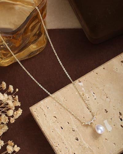 Pearl Necklaces for Women 14k Gold Plated Dainty Pearl Diamond Pendant Necklace Wedding Jewelry Bridal Bridesmaid Gifts for Women - Thumbnail 5