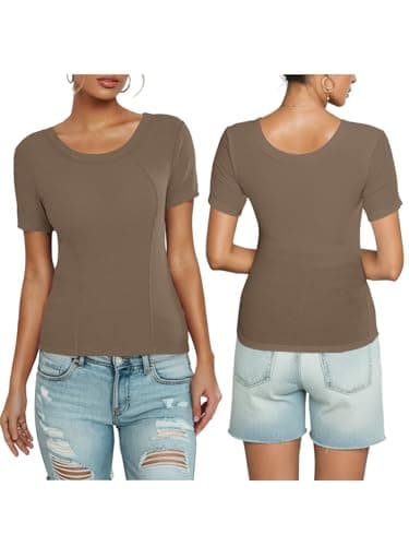 Ninee Tops with Built in Bra for Women Casual Short Sleeve Fitted Crew Neck Ribbed Knit Stripes Shirts (Coffee,X-Large) - Thumbnail 2