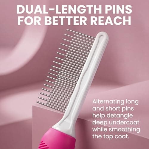Poodle Pet Detangling Pet Comb with Long & Short Stainless Steel Teeth for Removing Matted Fur, Knots & Tangles – Detangler Tool Accessories for Safe & Gentle DIY Dog & Cat Grooming (Pink) - Thumbnail 5