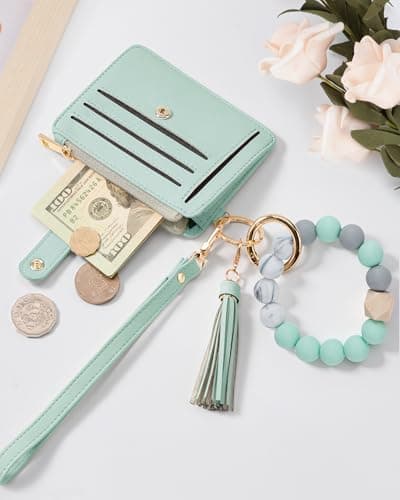 Airkit Wristlet Wallets for Women, Keychain RFID Blocking Credit Card Holder, Small Girly Wallet with Bracelet, Silicone Beaded Tassel Key Ring Card Holder, Green - Thumbnail 6