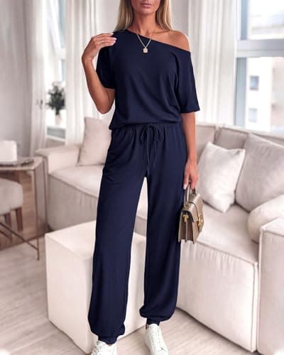 Zenlonr Women Summer 2 Piece Outfits 2026 Off Shoulder Short Sleeve Tops Elastic Waist Drawstring Long Pants Tracksuit(Navy,XX-Large) - Thumbnail 2