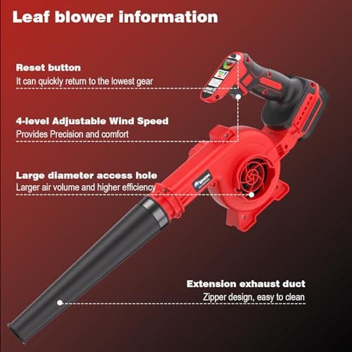 20V Cordless Leaf Blower - 4-Speed Electric Blower, Lightweight for Quick Yard Cleanup, Patio, Driveway & Dust Removal - Complete Lawn Care Blower Kit(Only Tool,Red) - Thumbnail 2