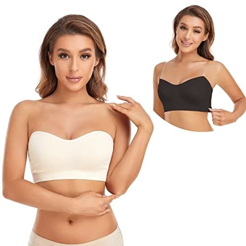 Lusait Strapless Bra for Women Non-Slip Silicone Padded Bandeau Bra Wireless Tube Top Bralette Black+Beige 2Pack M - Image 1